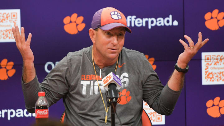 Clemson Head Coach Dabo Swinney speaks with media before the first day of Spring practice at the Poe Indoor Practice Facility at the Allen N. Reeves football complex in Clemson S.C. Wednesday, February 28, 2024.