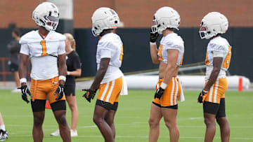 Tennessee wide receiver Travis Smith Jr. (1) and teammates during Tennessee football preseason practice, in Knoxville, Tennessee, July 31, 2025.