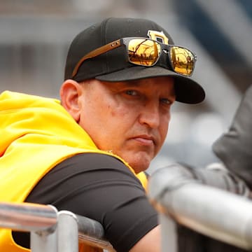 Jun 7, 2024; Pittsburgh, Pennsylvania, USA;  Pittsburgh Pirates hitting coach Andy Haines (49) looks on at the batting cage before the game against he Minnesota Twins at PNC Park. 