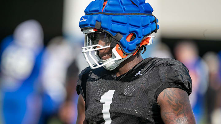 Florida Justus Boone (1) runs a drill during Florida spring football practice at Sanders Practice Fields in Gainesville, FL on Tuesday, March 26, 2024. [Alan Youngblood/Gainesville Sun]