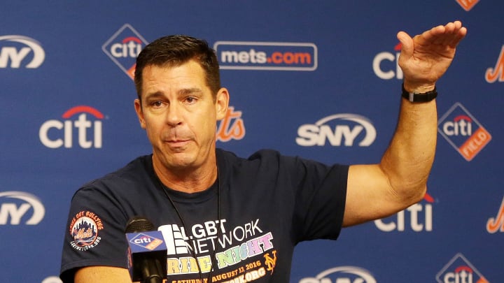 Aug 13, 2016; New York City, NY, USA; VP Social Responsibilty and Inclusion MLB's Office of the Commissioner Billy Bean addresses the media prior to the first pride night in NY sports league history prior to the game between the New York Mets and the San Diego Padres at Citi Field.