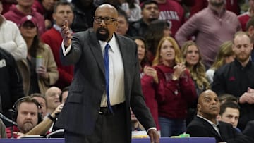 Jan 22, 2025; Evanston, Illinois, USA; Indiana Hoosiers head coach Mike Woodson  gestures to his team against the Northwestern Wildcats during the second half at Welsh-Ryan Arena. Mandatory Credit: David Banks-Imagn Images