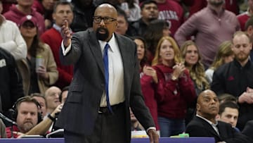 Jan 22, 2025; Evanston, Illinois, USA; Indiana Hoosiers head coach Mike Woodson  gestures to his team against the Northwestern Wildcats during the second half at Welsh-Ryan Arena. Mandatory Credit: David Banks-Imagn Images
