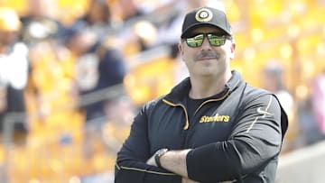 Sep 22, 2024; Pittsburgh, Pennsylvania, USA;  Pittsburgh Steelers offensive coordinator Arthur Smith observes warm ups before the game against the Los Angeles Chargers at Acrisure Stadium. Mandatory Credit: Charles LeClaire-Imagn Images