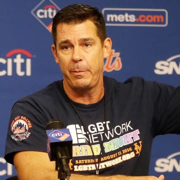 Aug 13, 2016; New York City, NY, USA; VP Social Responsibilty and Inclusion MLB's Office of the Commissioner Billy Bean addresses the media prior to the first pride night in NY sports league history prior to the game between the New York Mets and the San Diego Padres at Citi Field. Mandatory Credit: Andy Marlin-USA TODAY Sports