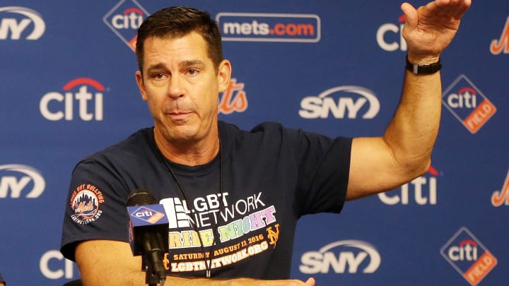 Aug 13, 2016; New York City, NY, USA; VP Social Responsibilty and Inclusion MLB's Office of the Commissioner Billy Bean addresses the media prior to the first pride night in NY sports league history prior to the game between the New York Mets and the San Diego Padres at Citi Field. Mandatory Credit: Andy Marlin-USA TODAY Sports