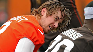 Cleveland Browns quarterback Kenny Pickett chats with wide receiver Jamari Thrash (80) during an NFL practice at the Cleveland Browns training facility on Wednesday, May 28, 2025, in Berea, Ohio.