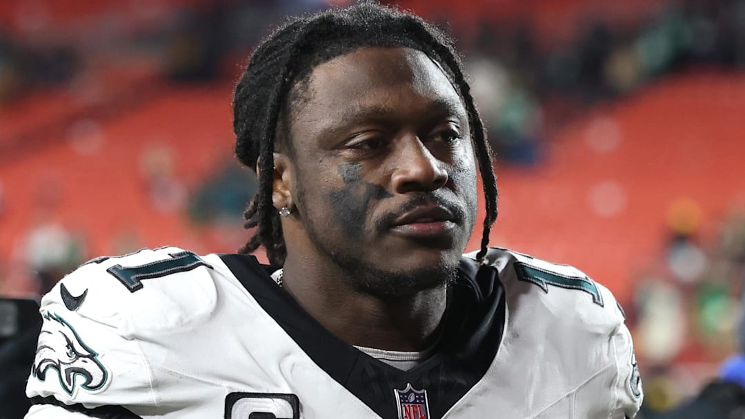 Dec 20, 2025; Landover, Maryland, USA; Philadelphia Eagles wide receiver A.J. Brown (11) leaves the field after the game against the Washington Commanders at Northwest Stadium. Mandatory Credit: Geoff Burke-Imagn Images