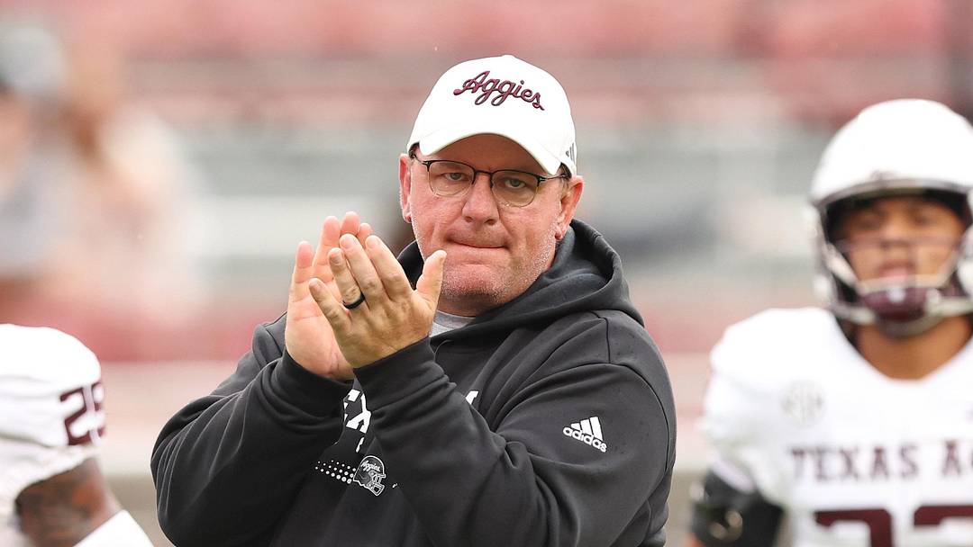 Texas A&M Aggies head coach Mike Elko prior to the game against the Arkansas Razorbacks at Donald W. Reynolds Razorback Stadium.