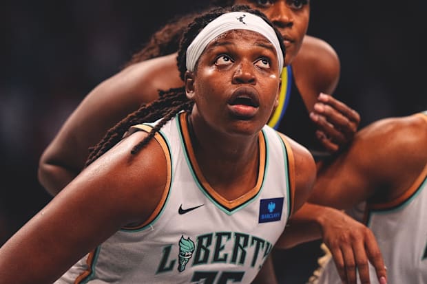 New York Liberty's Jonquel Jones looks on. 