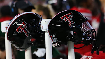 Aug 31, 2024; Lubbock, Texas, USA;  A general view of Texas Tech Red Raiders helmets on the bench in the second half during the game against the Abilene Christian Wildcats at Jones AT&T Stadium and Cody Campbell Field. Mandatory Credit: Michael C. Johnson-Imagn Images