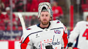 Nov 3, 2024; Raleigh, North Carolina, USA;  Washington Capitals goaltender Logan Thompson (48) looks on during the warmups before the game against the Carolina Hurricanes at Lenovo Center. Mandatory Credit: James Guillory-Imagn Images