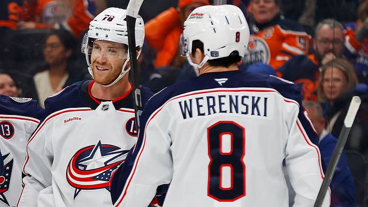 The Columbus Blue Jackets celebrate a goal scored by defenseman Damon Severson (78) during the second period against the Edmonton Oilers at Rogers Place. Mandatory Credit: Perry Nelson-Imagn Images