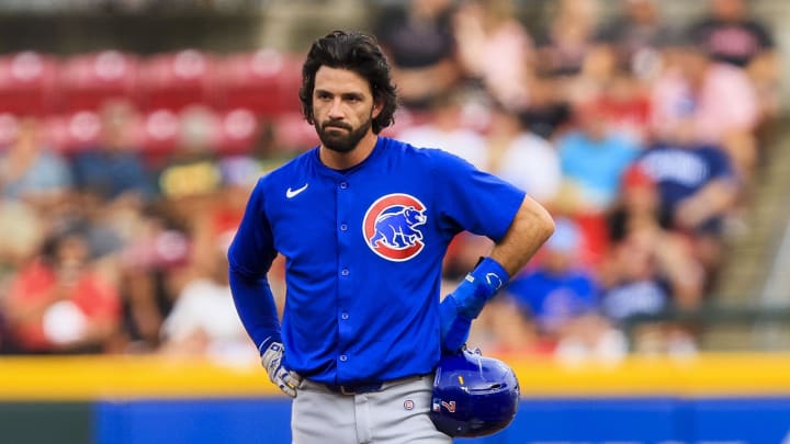 Chicago Cubs shortstop Dansby Swanson (7) stands on the field during a stop in play