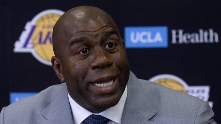 June 23, 2017; Los Angeles, CA, USA;  Los Angeles Lakers president of basketball operations Magic Johnson speaks to media before introducing newly drafted player Lonzo Ball at Toyota Sports Center. Mandatory Credit: Gary A. Vasquez-USA TODAY Sports