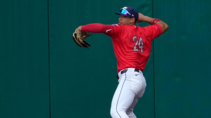 July 24, 2024; Columbus, Ohio, USA; 
Juan Brito (24) throws from right field for the Columbus Clippers during a game against the Memphis Redbirds.