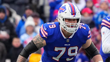 Dec 31, 2023; Orchard Park, New York, USA; Buffalo Bills offensive tackle Spencer Brown (79) against the New England Patriots during the first half at Highmark Stadium. Mandatory Credit: Gregory Fisher-Imagn Images