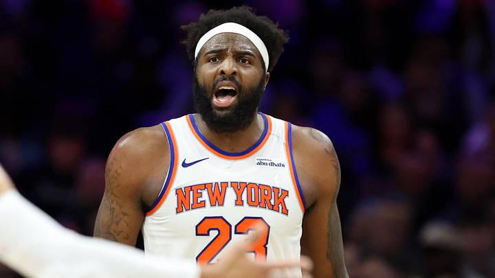 Jan 24, 2026; Philadelphia, Pennsylvania, USA; New York Knicks center Mitchell Robinson (23) reacts after a score against the Philadelphia 76ers during the third quarter at Xfinity Mobile Arena. Mandatory Credit: Bill Streicher-Imagn Images