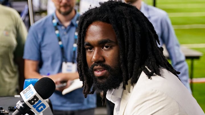 Jul 25, 2024; Indianapolis, IN, USA; Michigan Wolverines running back Donovan Edwards speaks to the media during the Big 10 football media day at Lucas Oil Stadium.