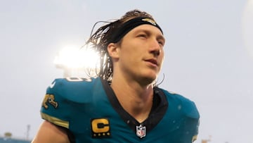 Jacksonville Jaguars quarterback Trevor Lawrence (16) runs off the field after the game of an NFL football game at EverBank Stadium, Sunday, Dec. 7, 2025, in Jacksonville, Fla. The Jaguars defeated the Colts 36-19.