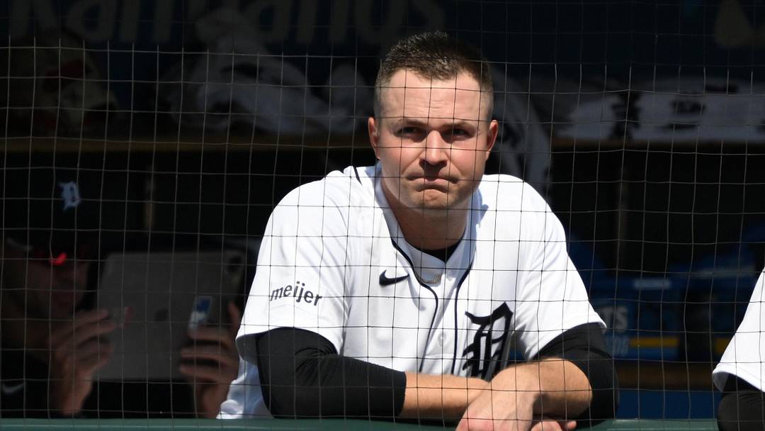 Apr 23, 2026; Detroit, Michigan, USA;  Detroit Tigers starting pitcher Tarik Skubal (29) watches from the dugout steps after being pulled from the game against the Milwaukee Brewers in the seventh inning at Comerica Park. Mandatory Credit: Lon Horwedel-Imagn Images