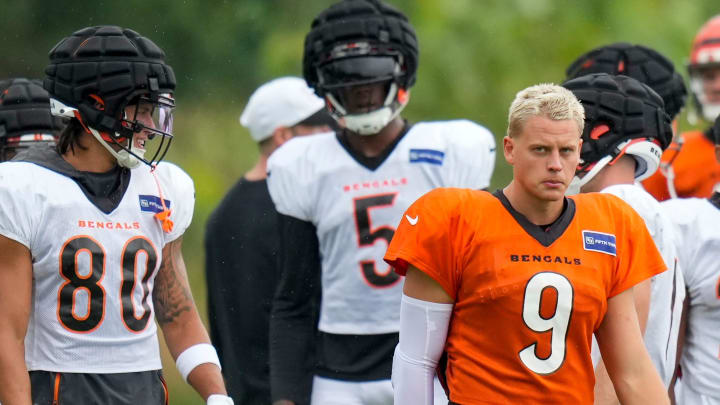 Cincinnati Bengals quarterback Joe Burrow (9) walks between sessions at the Chicago Bears Halas Hall practice facility in Lake Forest, Ill., on Thursday, Aug. 15, 2024.