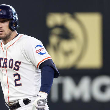 Jun 23, 2024; Houston, Texas, USA;  Houston Astros third baseman Alex Bregman (2) reacts to a RBI double against the Baltimore Orioles in the fourth inning at Minute Maid Park.