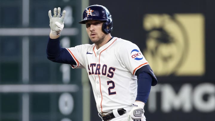 Jun 23, 2024; Houston, Texas, USA;  Houston Astros third baseman Alex Bregman (2) reacts to a RBI double against the Baltimore Orioles in the fourth inning at Minute Maid Park.