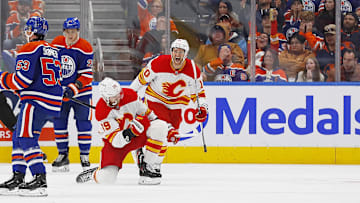 Calgary Flames Jonathan Huberdeau (10) celebrate a goal scored by forward Antony Mantha (39) during the third period against the Edmonton Oilers