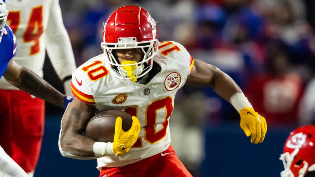 Jan 21, 2024; Orchard Park, New York, USA; Kansas City running back Isiah Pacheco (10) against the Buffalo Bills for the 2024 AFC divisional round game at Highmark Stadium. Mandatory Credit: Mark J. Rebilas-USA TODAY Sports