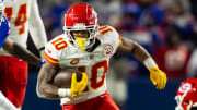 Jan 21, 2024; Orchard Park, New York, USA; Kansas City running back Isiah Pacheco (10) against the Buffalo Bills for the 2024 AFC divisional round game at Highmark Stadium. Mandatory Credit: Mark J. Rebilas-USA TODAY Sports