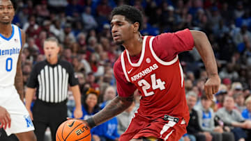 Arkansas' Billy Richmond III (24) drives to the basket during the exhibition game between Arkansas and Memphis during the Hoops for St. Jude Tip Off Classic at FedExForum on October 27, 2025.