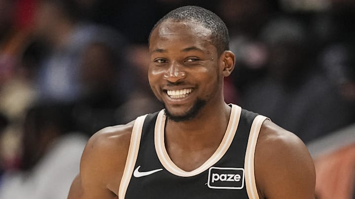 Feb 26, 2026; Atlanta, Georgia, USA; Atlanta Hawks forward Jonathan Kuminga (0) reacts after making a three point shot against the Washington Wizards during the first half at State Farm Arena. Mandatory Credit: Dale Zanine-Imagn Images