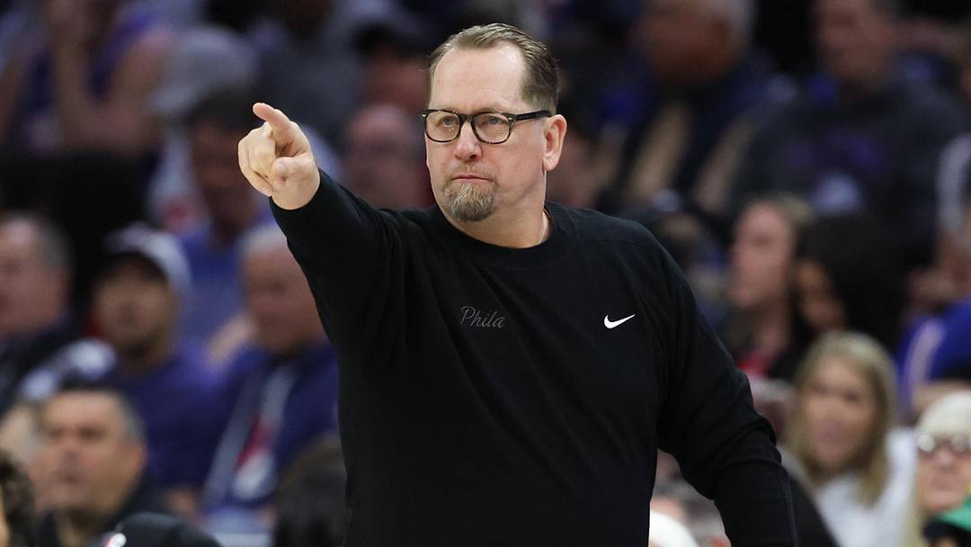 Apr 30, 2026; Philadelphia, Pennsylvania, USA; Philadelphia 76ers head coach Nick Nurse reacts to a play during the first quarter against the Boston Celtics at Xfinity Mobile Arena. Mandatory Credit: Bill Streicher-Imagn Images