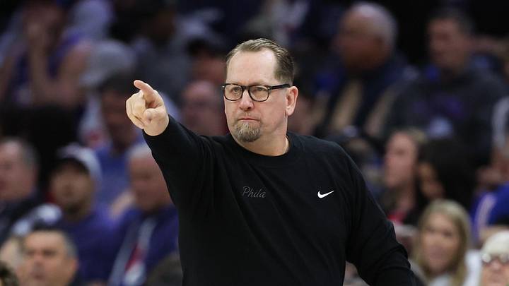 Apr 30, 2026; Philadelphia, Pennsylvania, USA; Philadelphia 76ers head coach Nick Nurse reacts to a play during the first quarter against the Boston Celtics at Xfinity Mobile Arena. Mandatory Credit: Bill Streicher-Imagn Images