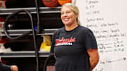 Nebraska volleyball coach Dani Busboom Kelly at practice ahead of the 2025 season.