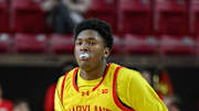Dec 17, 2024; College Park, Maryland, USA; Maryland Terrapins center Derik Queen (25) handles the ball during the second half against the St. Francis (Pa) Red Flash at Xfinity Center. Mandatory Credit: Reggie Hildred-Imagn Images