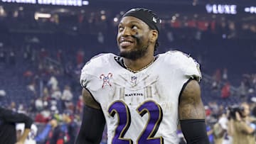 Dec 25, 2024; Houston, Texas, USA;  Baltimore Ravens running back Derrick Henry (22) smiles after the game against the Houston Texans at NRG Stadium.