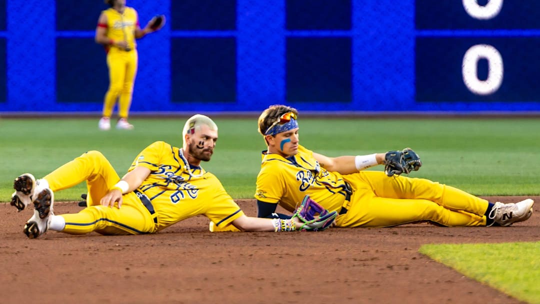 Savannah Banana shortstop Ryan Cox (6) and second baseman Jackson Olson (8) await the catchers throw down to second base during the Savannah Bananas game against the Texas Tailgaters Saturday, Aug. 30, 2025 at PNC Park in Pittsburgh, Pa.