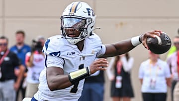 Aug 31, 2024; Bloomington, Indiana, USA;  Florida International Panthers quarterback Keyone Jenkins (1) throws a pass during the first half at Memorial Stadium. Mandatory Credit: Robert Goddin-Imagn Images