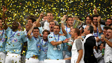 Aug 08, 2009; Beijing, CHINA; Players of Lazio celebrate the victory after defeating Inter Milan 2:1 in the final of Italian Super Cup at the National Stadium, also know as the Bird's Nest. Mandatory Credit: CSPA via Imagn Images