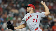 Aug 29, 2025; Houston, Texas, USA; Los Angeles Angels starting pitcher Tyler Anderson (31) pitches against the Houston Astros in the first inning at Daikin Park. Mandatory Credit: Thomas Shea-Imagn Images