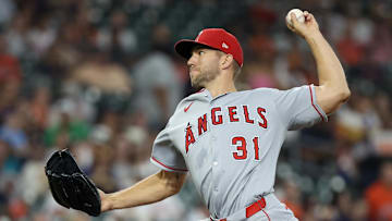 Aug 29, 2025; Houston, Texas, USA; Los Angeles Angels starting pitcher Tyler Anderson (31) pitches against the Houston Astros in the first inning at Daikin Park. Mandatory Credit: Thomas Shea-Imagn Images