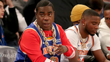 Tracy Morgan watches during the first quarter between the New York Knicks and the Toronto Raptors at Madison Square Garden. 