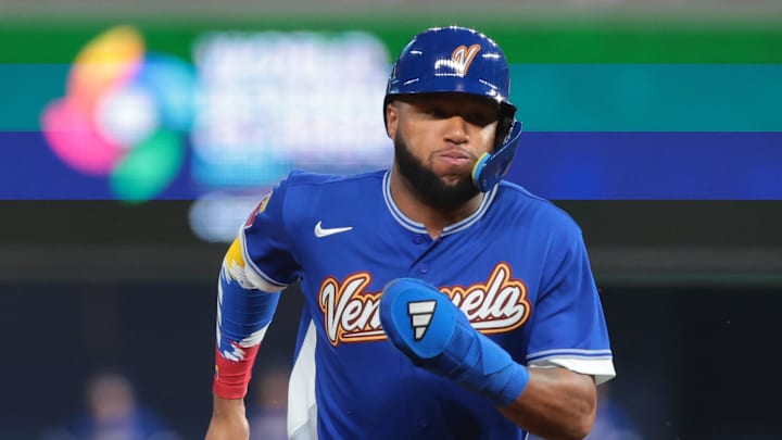 Mar 16, 2026; Miami, FL, United States; Venezuela center fielder Jackson Chourio (1) advances to third base in the seventh inning against Italy during a semifinal game of the 2026 World Baseball Classic at loanDepot Park. Mandatory Credit: Sam Navarro-Imagn Images
