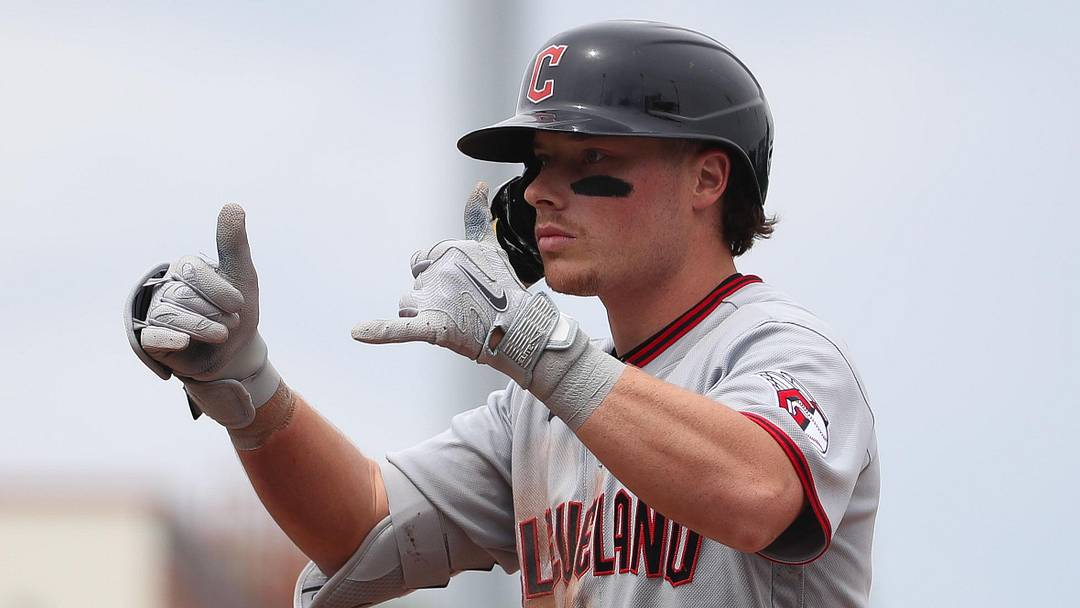 May 3, 2026; West Sacramento, California, USA; Cleveland Guardians second baseman Travis Bazzana (37) gestures to the dugout after hitting a single during the sixth inning against the Athletics at Sutter Health Park. Mandatory Credit: Scott Marshall-Imagn Images