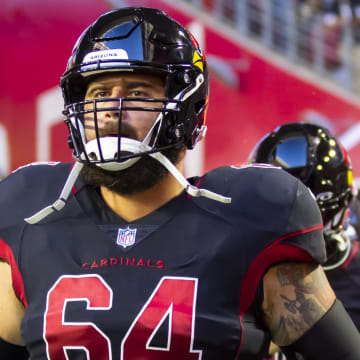 Arizona Cardinals guard Sean Harlow (64) against the New Orleans Saints at State Farm Stadium in 2022.