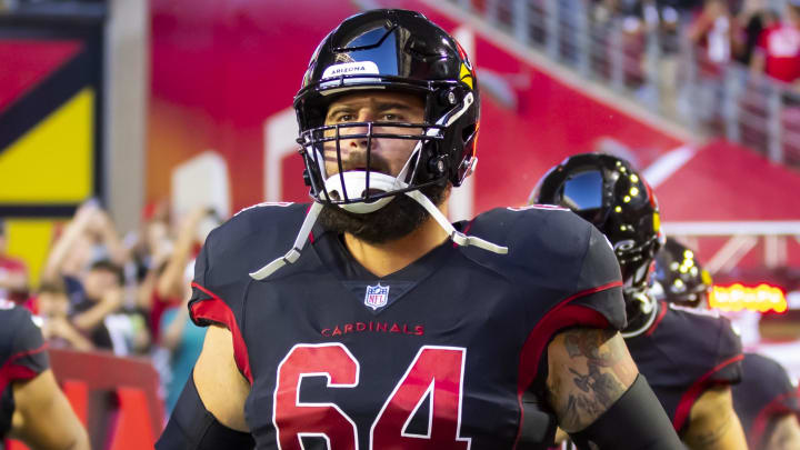 Arizona Cardinals guard Sean Harlow (64) against the New Orleans Saints at State Farm Stadium in 2022.