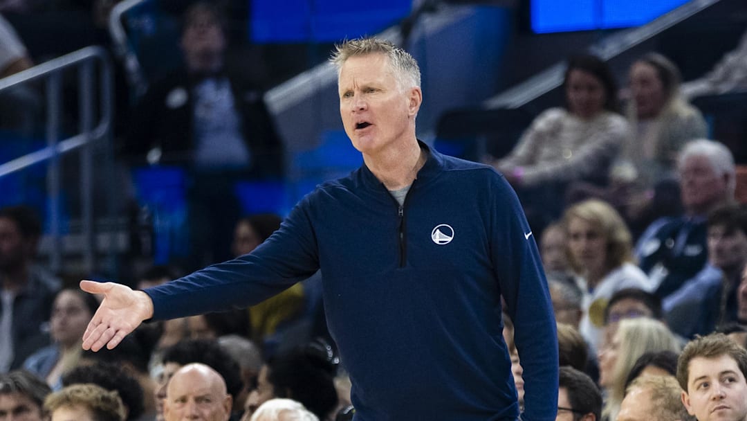 Dec 20, 2025; San Francisco, California, USA; Golden State Warriors head coach Steve Kerr reacts during the first quarter against the Phoenix Suns at Chase Center. Mandatory Credit: John Hefti-Imagn Images