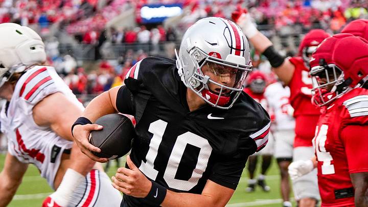 Quarterback Julian Sayin (10) runs the ball during the Ohio State football spring game at Ohio Stadium on Saturday, April 18, 2026 in Columbus, Ohio.